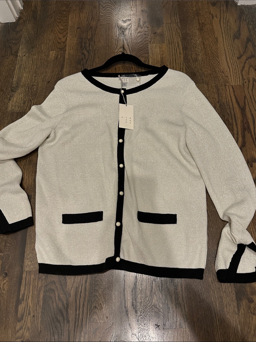 a new day Shimmery Ivory Cardigan with Black Trim and Pearl Buttons